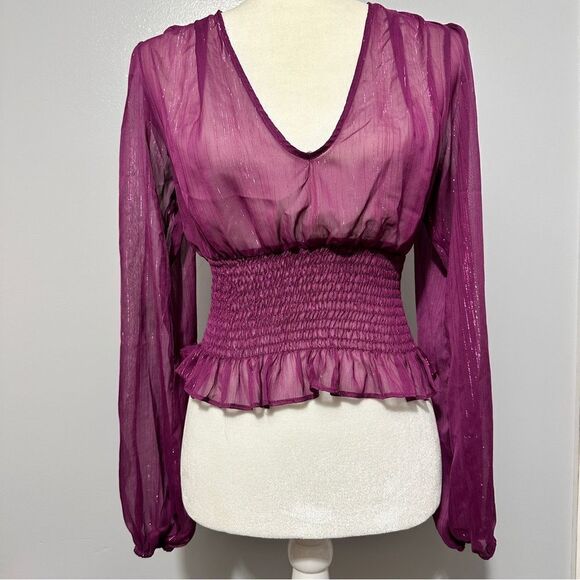 Forever 21 purple, sheer, long sleeve top with a tie on the back size S - Picture 2 of 5